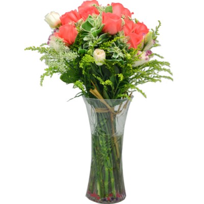 One Dozen Pink Color Roses with Fillers in Vase